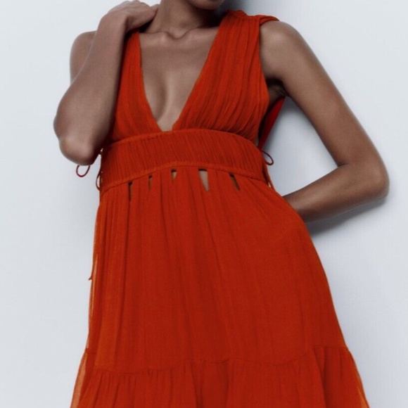 NWT Zara Burnt Orange / Red Tie Mini Dress Medium - Picture 2 of 5